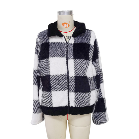 Women's Zipper Collared Plaid Jacket - Picture 6 of 8